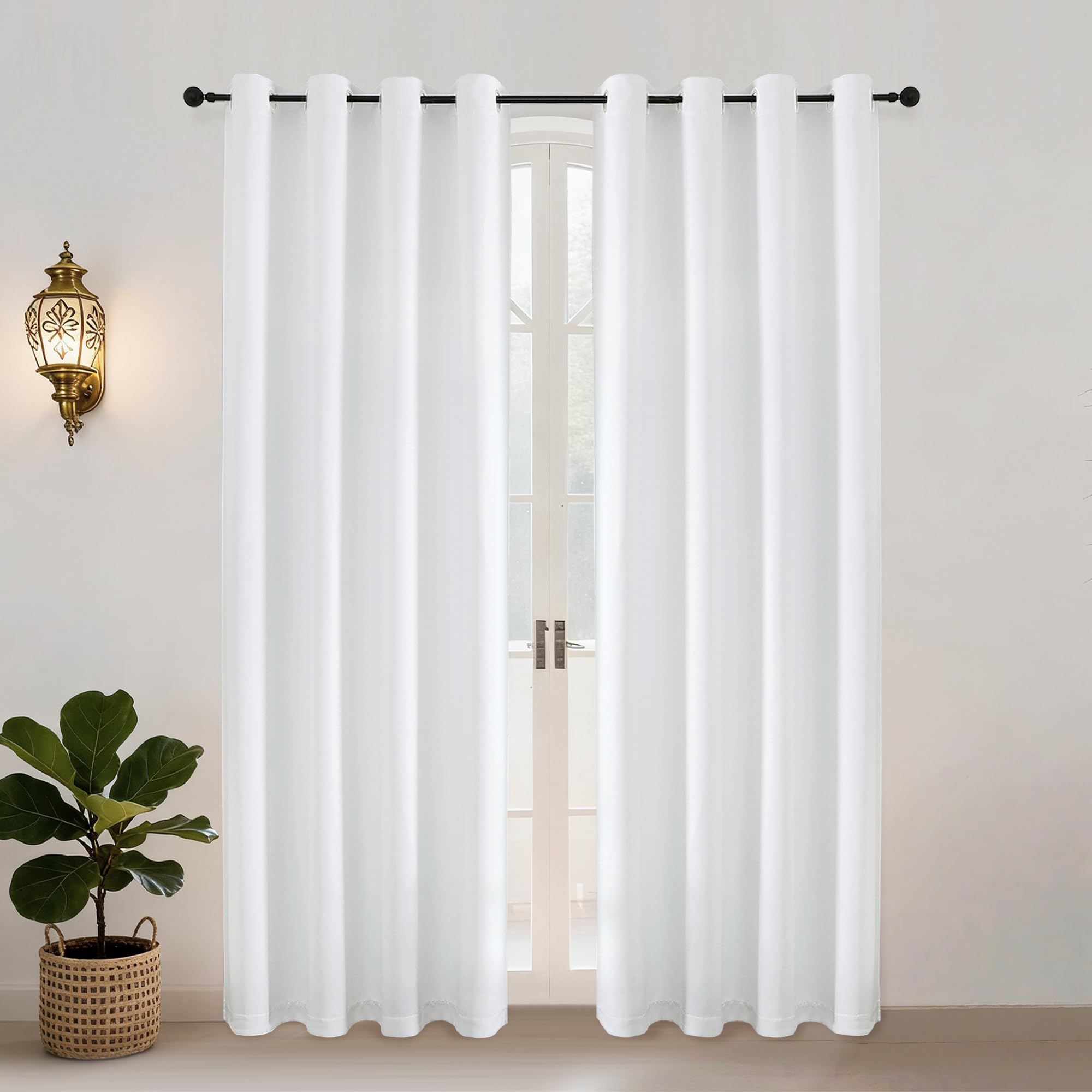 Simplebrand Ava Pure White Eyelet Curtains for Living Room 200 cm Length 2 Panels Set, Privacy Light Filtering Window Door Curtains & Drapes for Bedroom, W 140 cm x L 200 cm