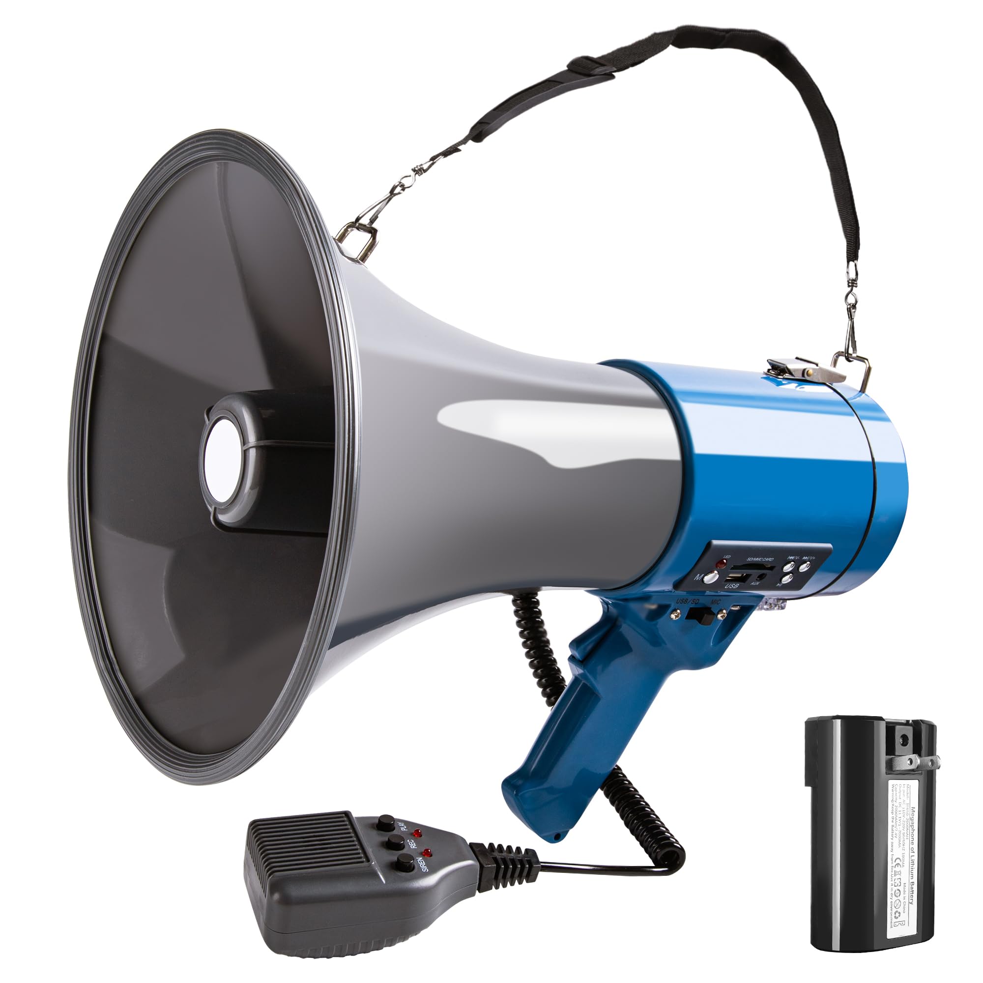 MyMealivosMegaphone with Siren Bullhorn 50 Watt Bullhorn Speaker with Detachable Microphone, Portable Lightweight Strap & 3.5mm Aux Input