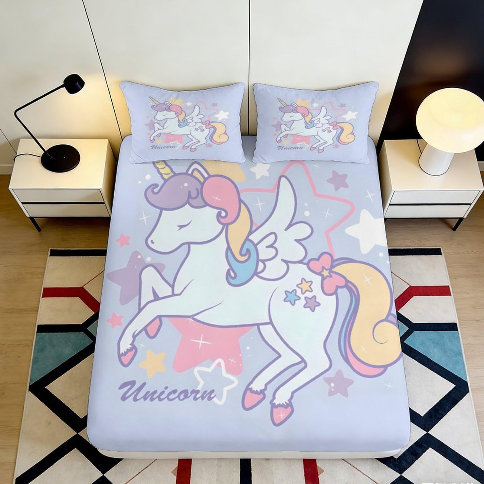 3D Printed Unicorn Rainbow Fitted Sheet Microfiber Soft Pastel Pegasus Bed Cover for Bedroom Dorm Mattress Protection Decor 90x200x25cm
