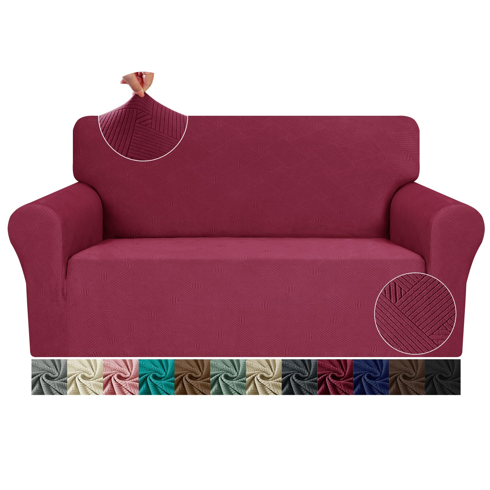 JIVINER Loveseat Slipcovers, 1 Piece Stretch Couch Covers for 2 Cushion Furniture Protector with Elastic Bottom for Kids Pets Jacquard 2 Seater Sofa Cover (Loveseat, Wine Red)