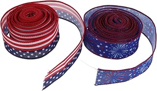 Mipcase 2 Rolls Wired Edge Ribbon Bundle for 4th of July Independence Day Decoration, 2 Rolls of American Flag Cloth Ribbon with Patriotic Star Prints, Easy to Use and Won’t Easily Fade