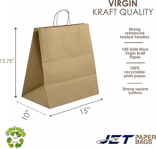 Miniatura 8 de JET PAPER BAGS Bolsas de regalo de papel kraft virgen de 15 x 10 x 12 pulgadas con asas trenzadas a granel. Ideal para bricolaje, negocios, comida