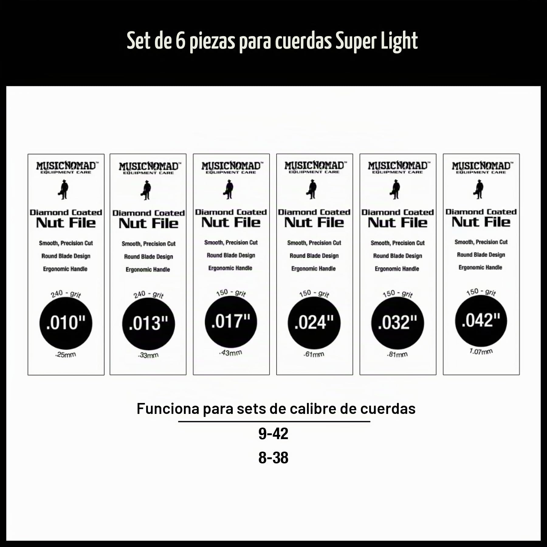 MusicNomad 6 unidades Juego de limas diamantadas para cejuela de guitarra eléctrica, cuerdas superligeras (MN667)