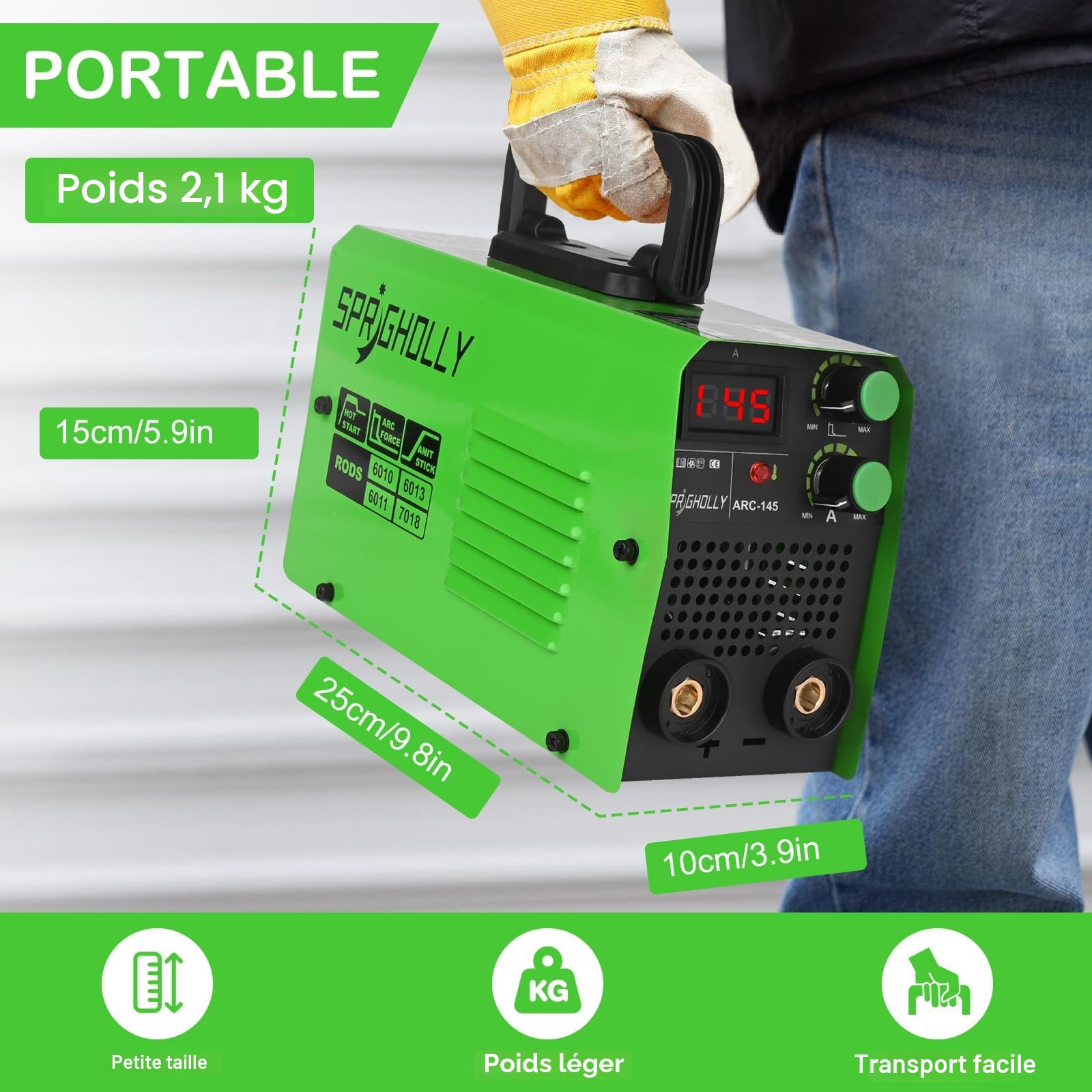 Mini Poste a Souder Inverter 145A IGBT, Poste à Souder ARC Lift TIG, Pince de Terre de Haute Qualité et Affichage LED, Hot-Start & Anti-Stick, Modèle ARC145