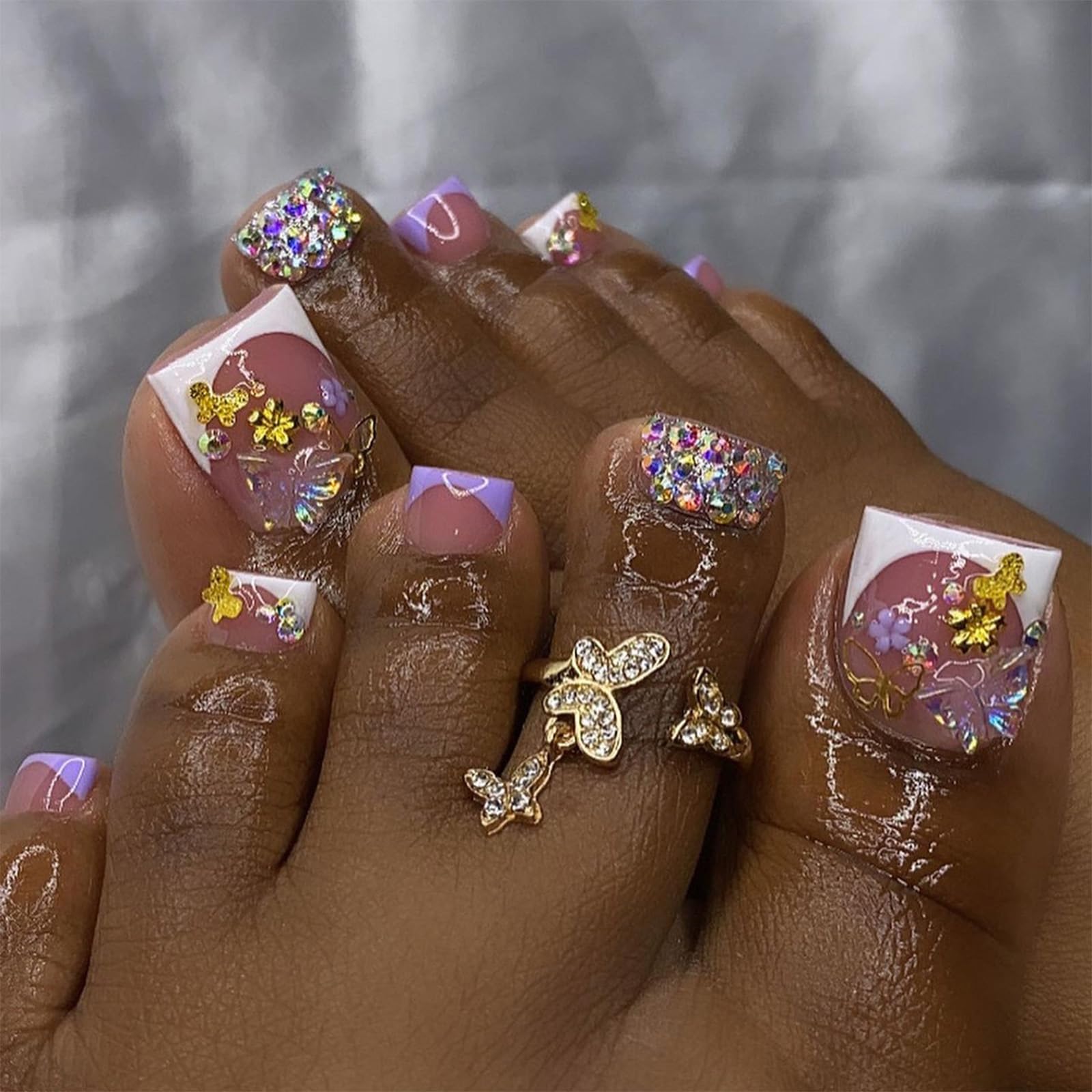 Butterfly Flower False Toenails Glossy Full Cover Acrylic Glue on Nails with Designs Rhinestones Toe Press on Nails Artificial Stick on for Women