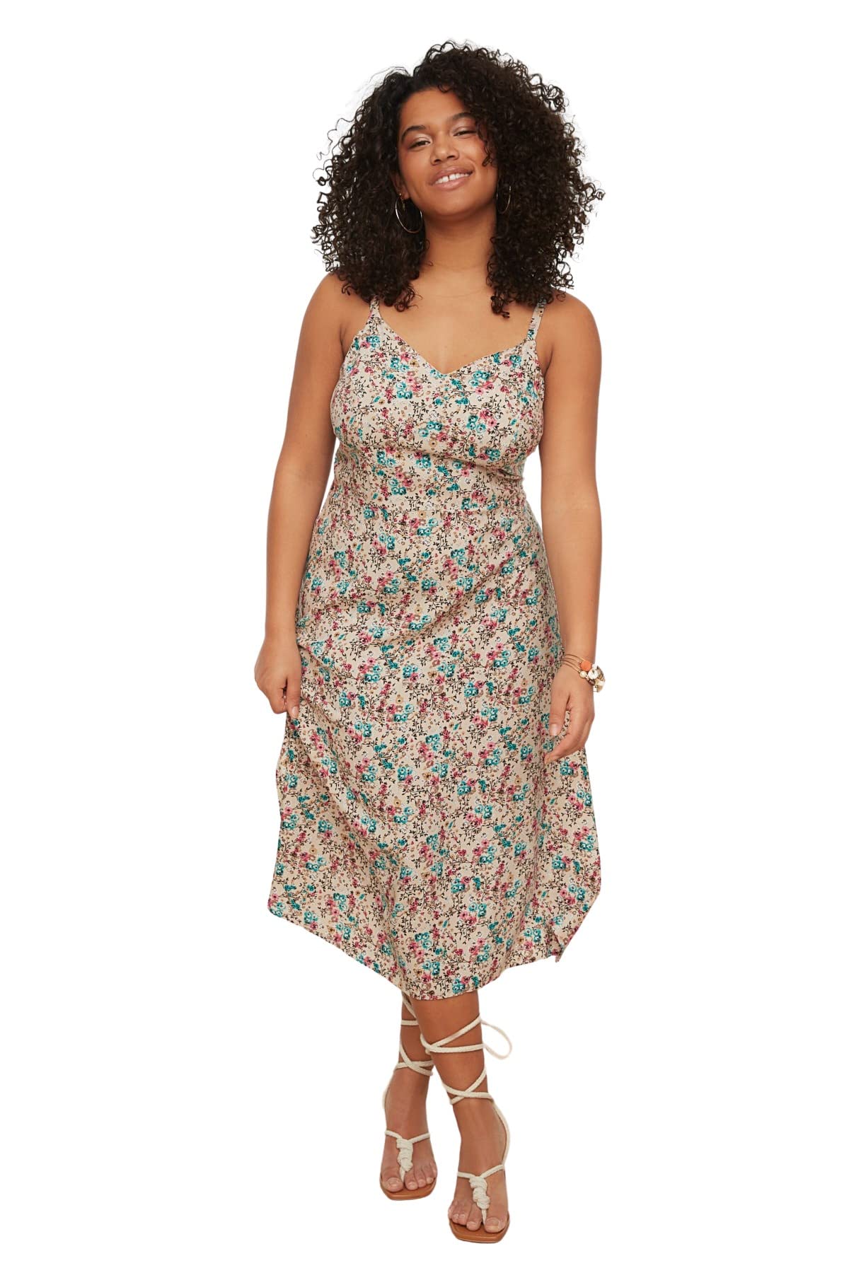 Trendyol Curve Beige Floral Patterned Woven Strap Dress
