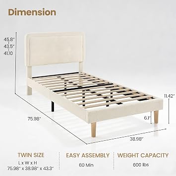 Twin Size Cloud Bed Frame with Adjustable Upholstered Headboard, Modern Soft Full Platform Bed with Boucle Fabric, Aesthetic Bed Easy Assembly, Wood Slats, No Box Spring Needed, Beige