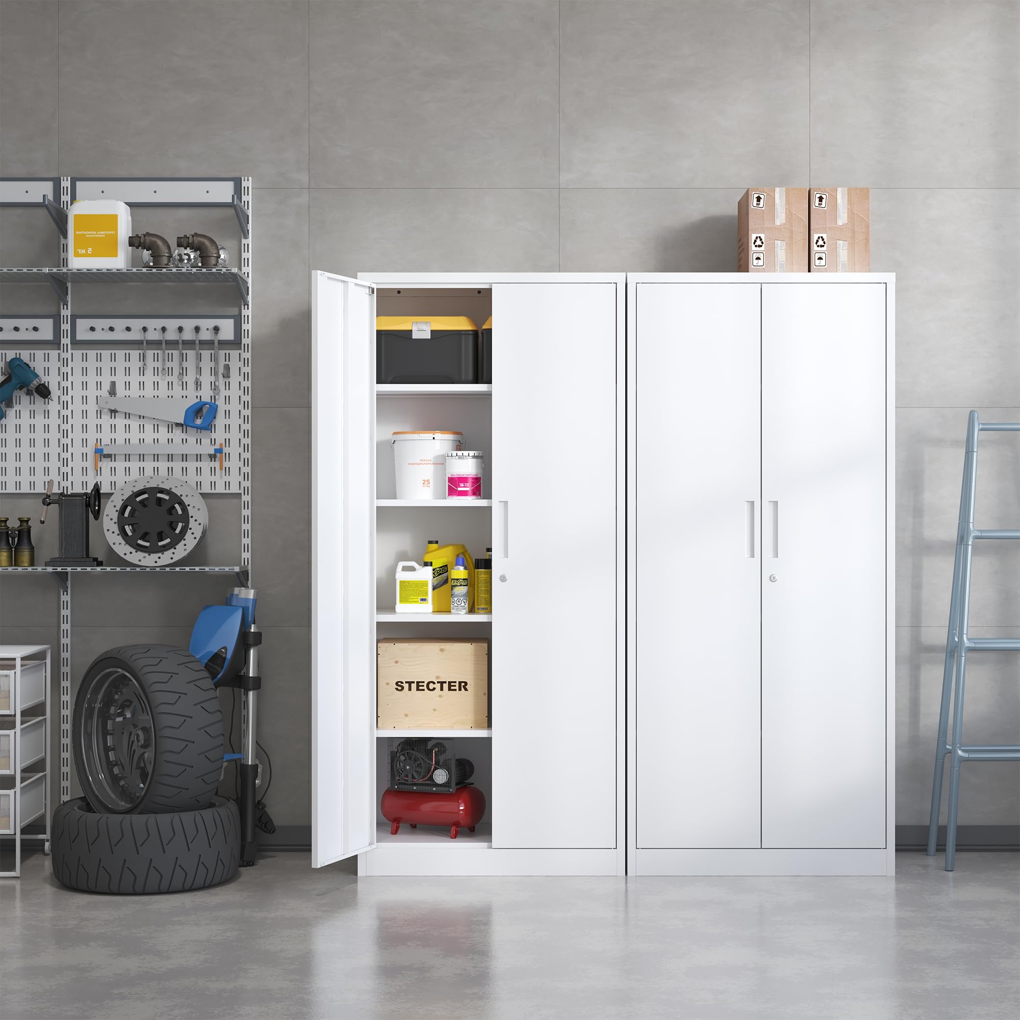 IKIMI Metallschrank mit 2 Türen und 4 Verstellbare Einlegeböden,180x80x40cm Mehrzweckschrank mit Schloss,5 Ebenen Aktenschrank,Stahl-Aufbewahrungsschran Weiß Werkzeugschrank für Garage Büro,Wohnzimmer