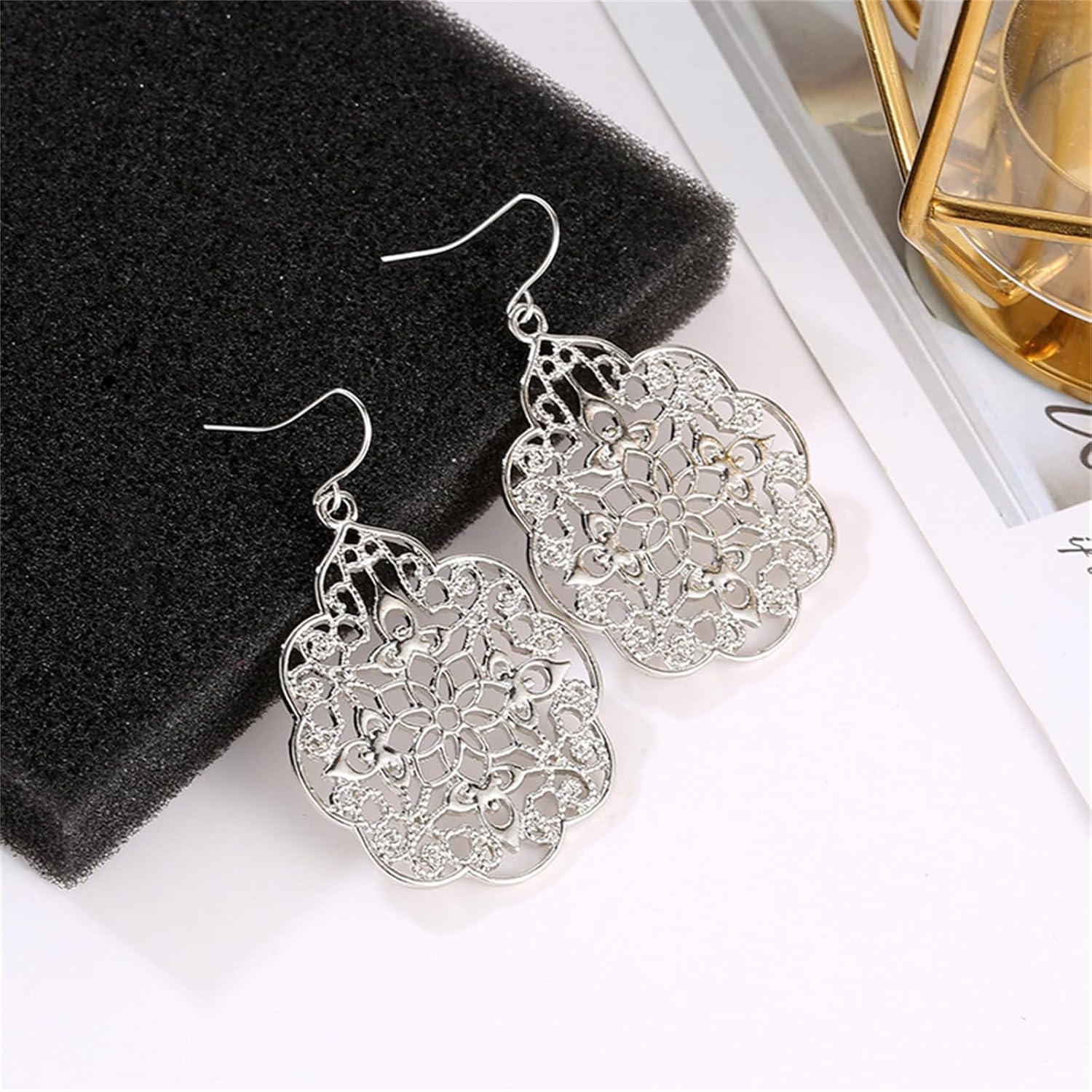 coadipress Boho Filigree Hollow Out Geometric Earrings for Women Bohemian Vintage Metallic Cutout Metal Flower Large Drop Earrings Flower Carved Long Dangle Drop Earrings Ethnic Style Party Jewelry Gifts - Image 4