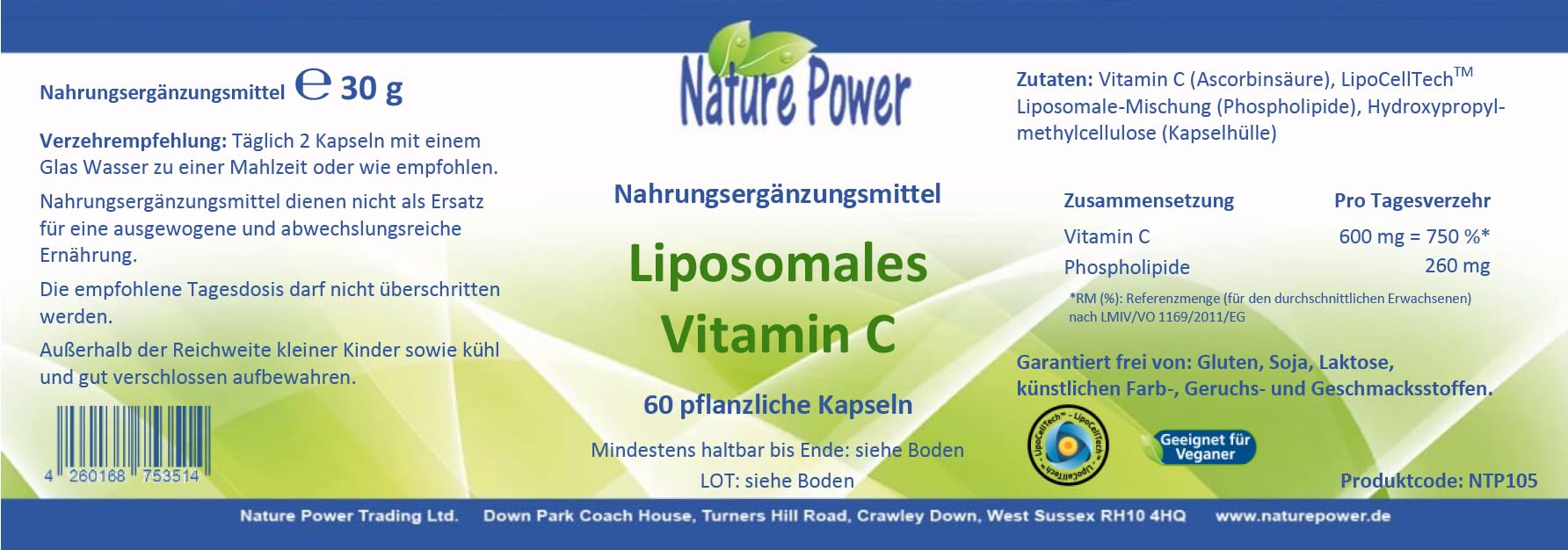 Liposomales Vitamin C: Vorteilspaket im 4 + 1 - von Nature Power - 100% gentechnikfrei und vegan – 5 x 60 pflanzliche Kapseln