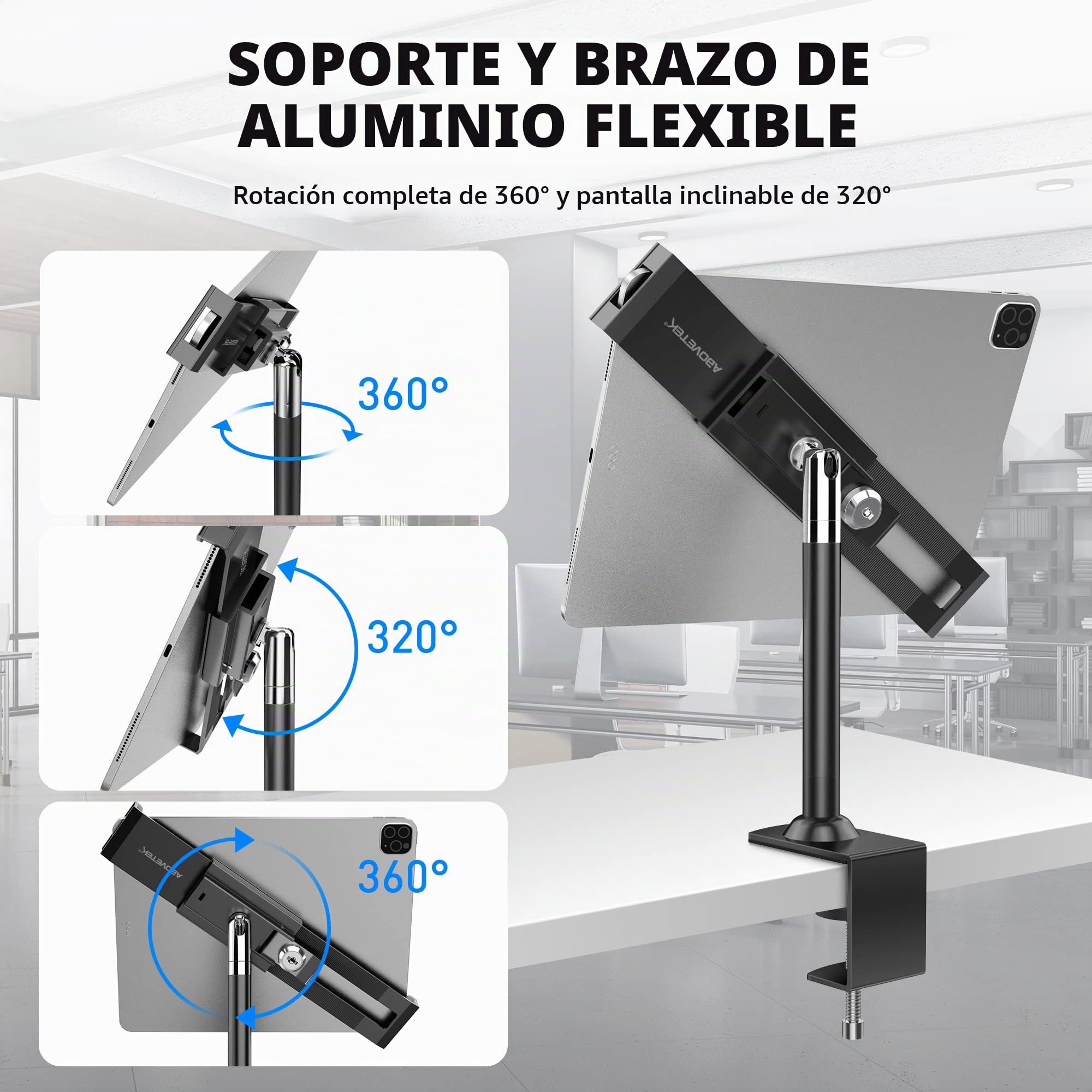 AboveTEK Bloqueo Antirrobo Soporte para Tablet - 360/320 POS Swivel - Bloqueo de Seguridad para Tablet, Soporte de Mesa con Abrazadera para iPad de 7 a 11 Pulgadas Fire Microsoft Galaxy Tab Google