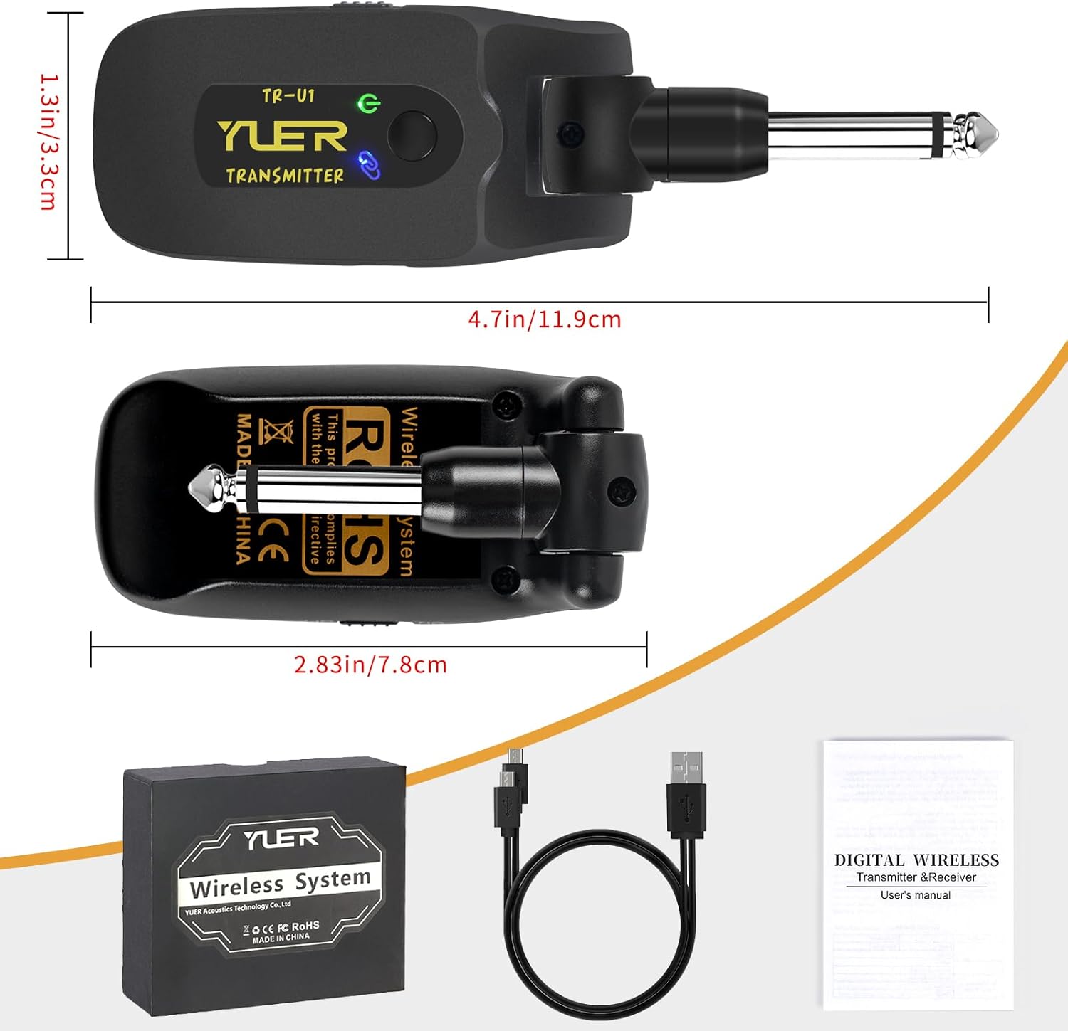 YUER 2.4GHz Wireless Guitar System: Anti Interference Wireless Transmitter Receiver, Rechargeable Plug And Play Guitar Accessories for Electric Guitar Bass with Dual Ended USB Charging Cable