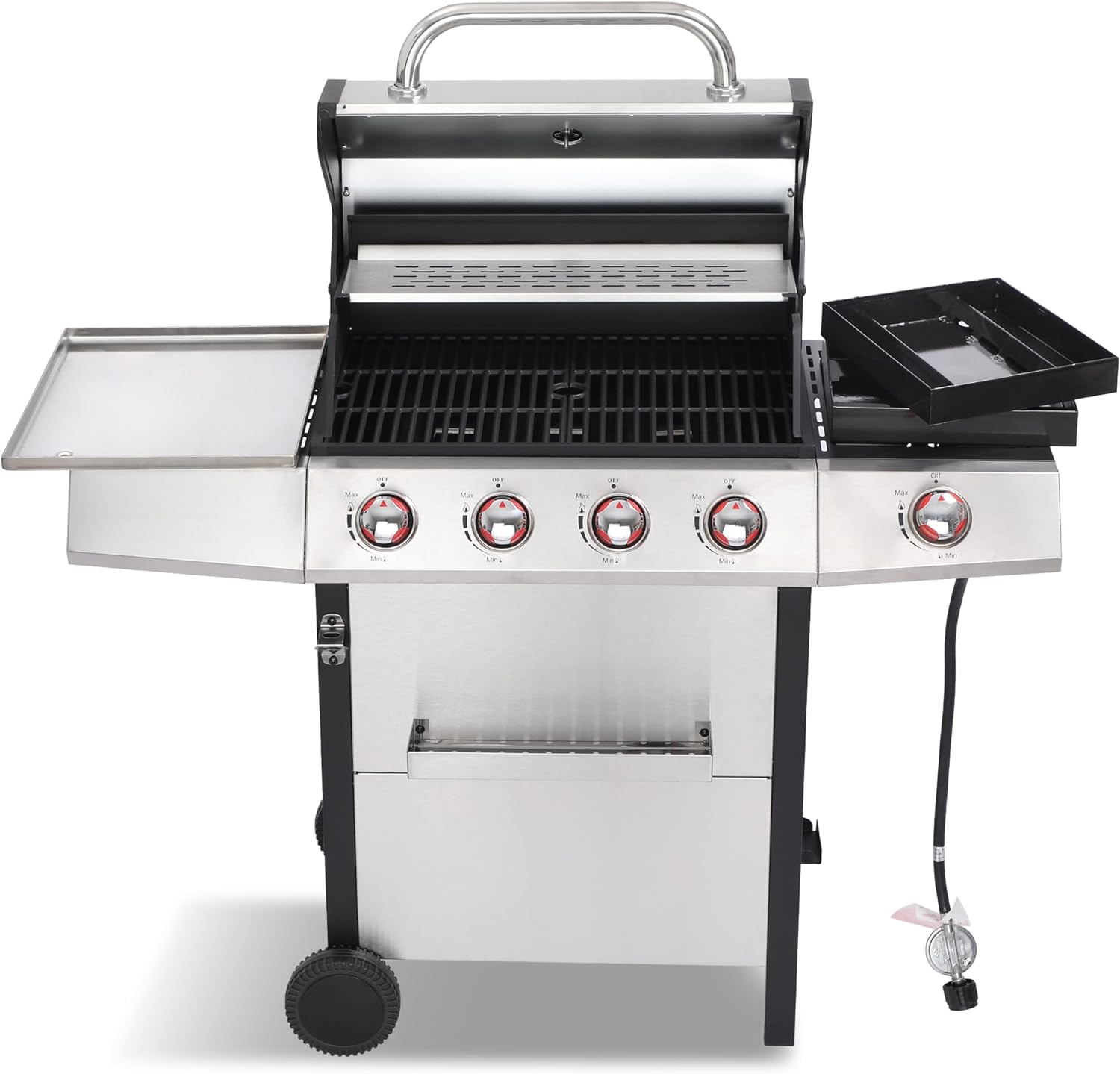 Cookit 4-Burner Gas Grill with Side Burner, 49,000 BTU Output – Double-layer Stainless Steel Grill Lid, Cast Iron Grates, Griddle & Charcoal Pan, Easy-Clean Grease Management for Perfect BBQs