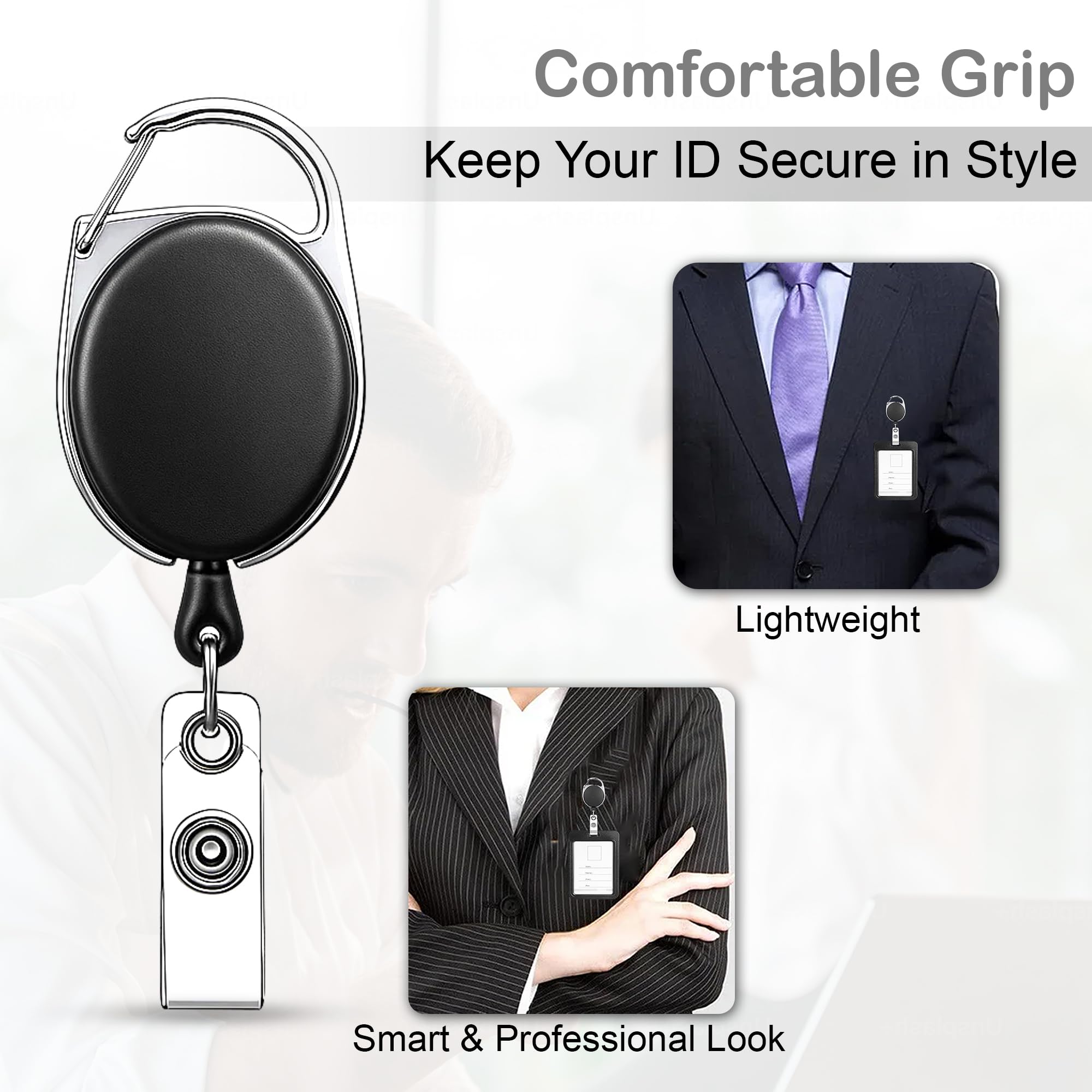 GLUN® Black Oval Round ID Reel Holder, Set of 2 Retractable Clip Badge Card Holders for Office Employees 2
