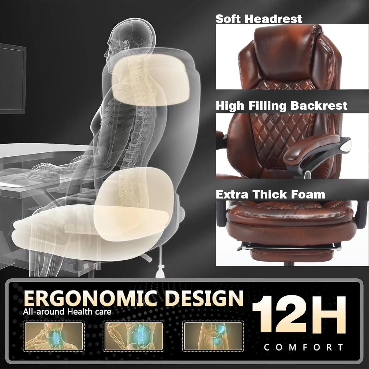 400lbs Reclining Office Desk Chair with Footrest, Plus Size Comfortable Big Tall Brown Leather Recliner Office Chairs for Heavy People
