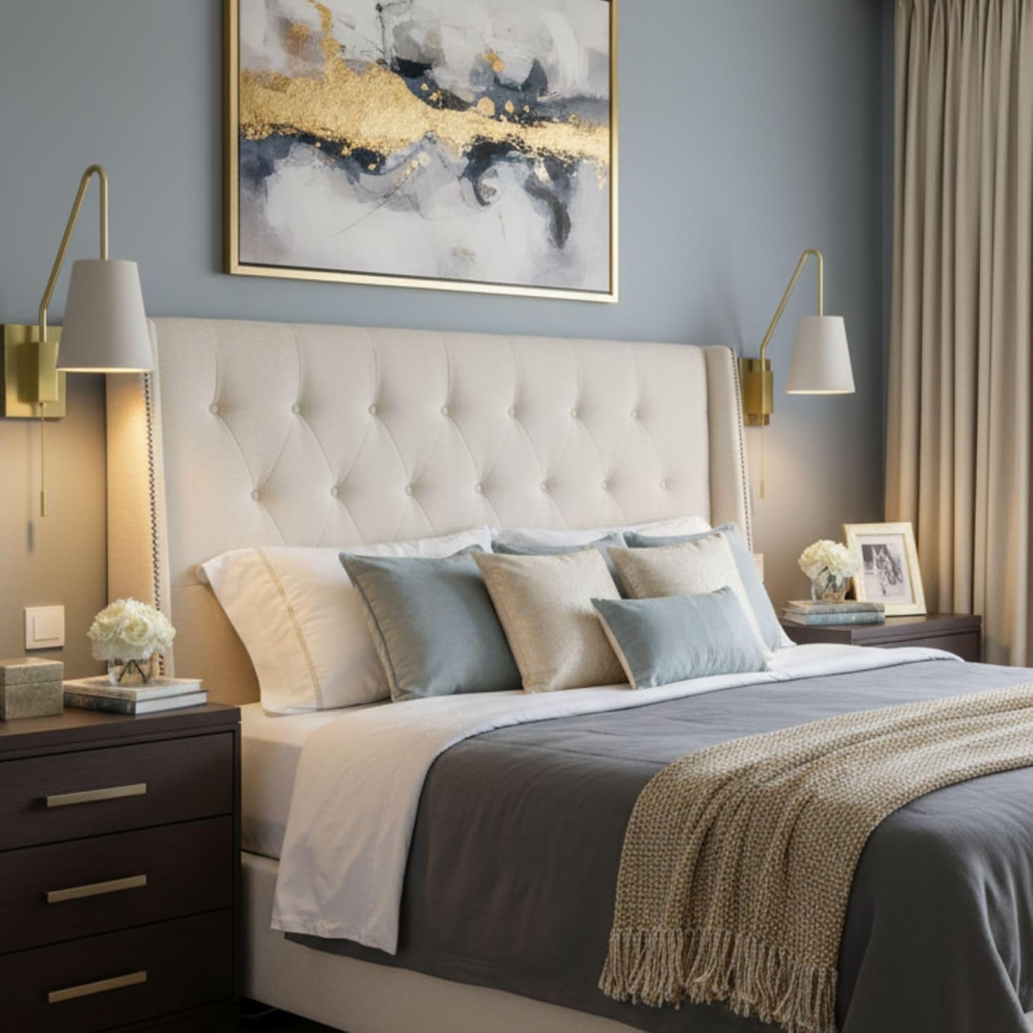 Set of 2 Wall Sconce with Pull Chain Switch, Bedside Wall Hardwired Reading Lamps with Adjustable Sloped Arm and Fabric Linen Shade (Brushed Gold)