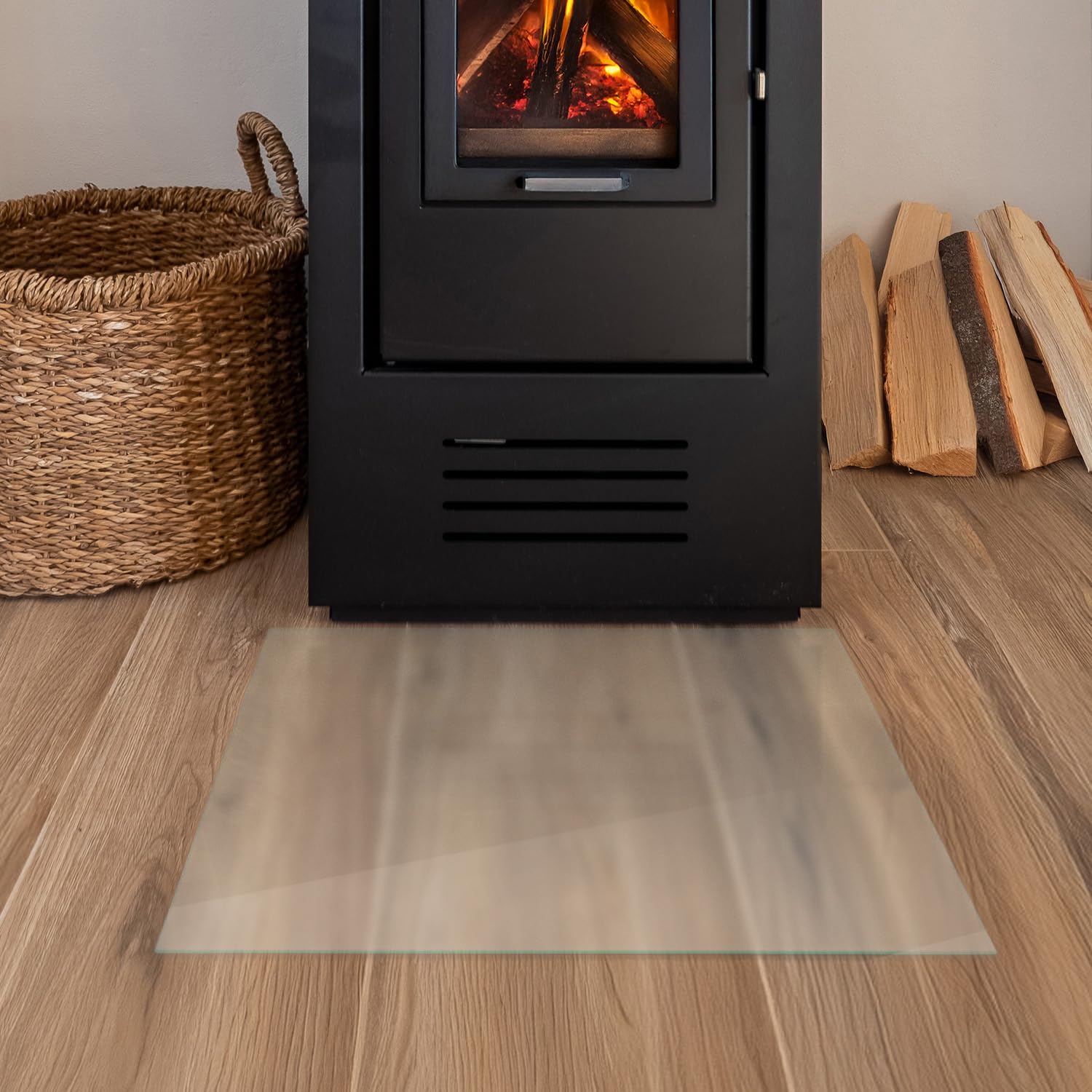 Piastra di Base per Camino Quadrata 60x60 cm | Salvapavimento per Stufe | Parascintille per Protezione Pavimento | Ignifuga per Caminetti | per Legna e Pellet - Vetro Temperato Satinato