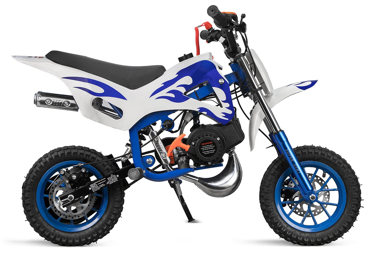 Minicross 49cc Motore a Scoppio DS 67 con Fiamme per Bambini (Bianca fiamme Blu)