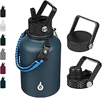 Vista 95 de BJPKPK - Botellas de agua aisladas con tapa con popote, botella grande de metal de 32 onzas con 3 tapas, termo reutilizable sin fugas y sin BPA