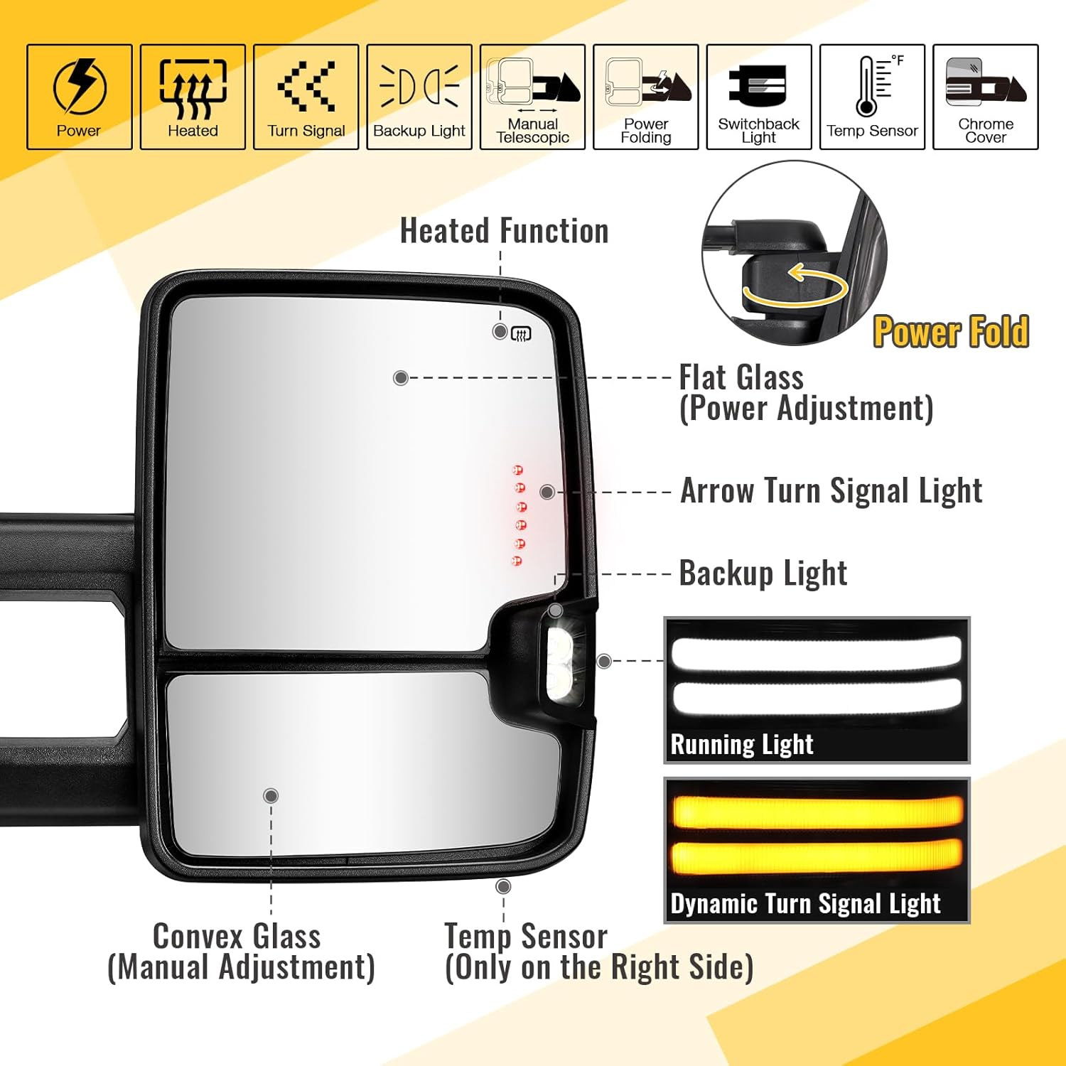 Sanooer Power Folding Towing Mirrors Chrome for 2014-2018 Chevy Silverado GMC Sierra 1500 2500HD 3500HD 2019 Chevy GMC 1500 with Switchback Lights Running Signal Light Heated Set