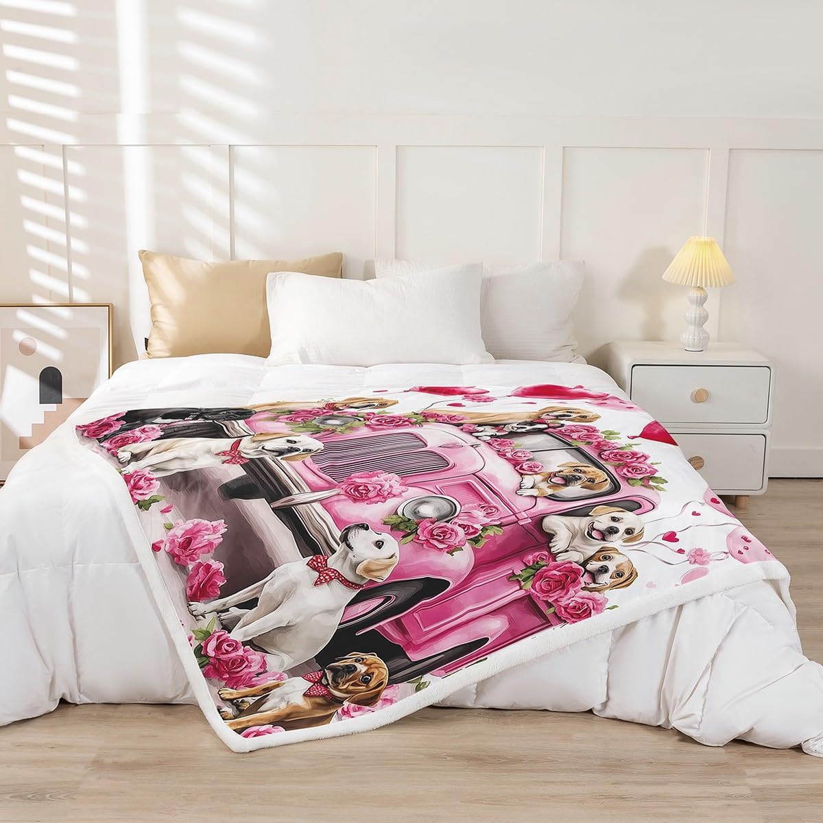 Erosebridal Pink Valentine's Day Dog Fleece Blanket Cute Animal Puppy Twin 60"X80" Throw Blanket for Kids Girls Teen Bed,Romantic Love Rose Flower Sherpa Blanket Pet Truck Balloon Plush Bed Blanket