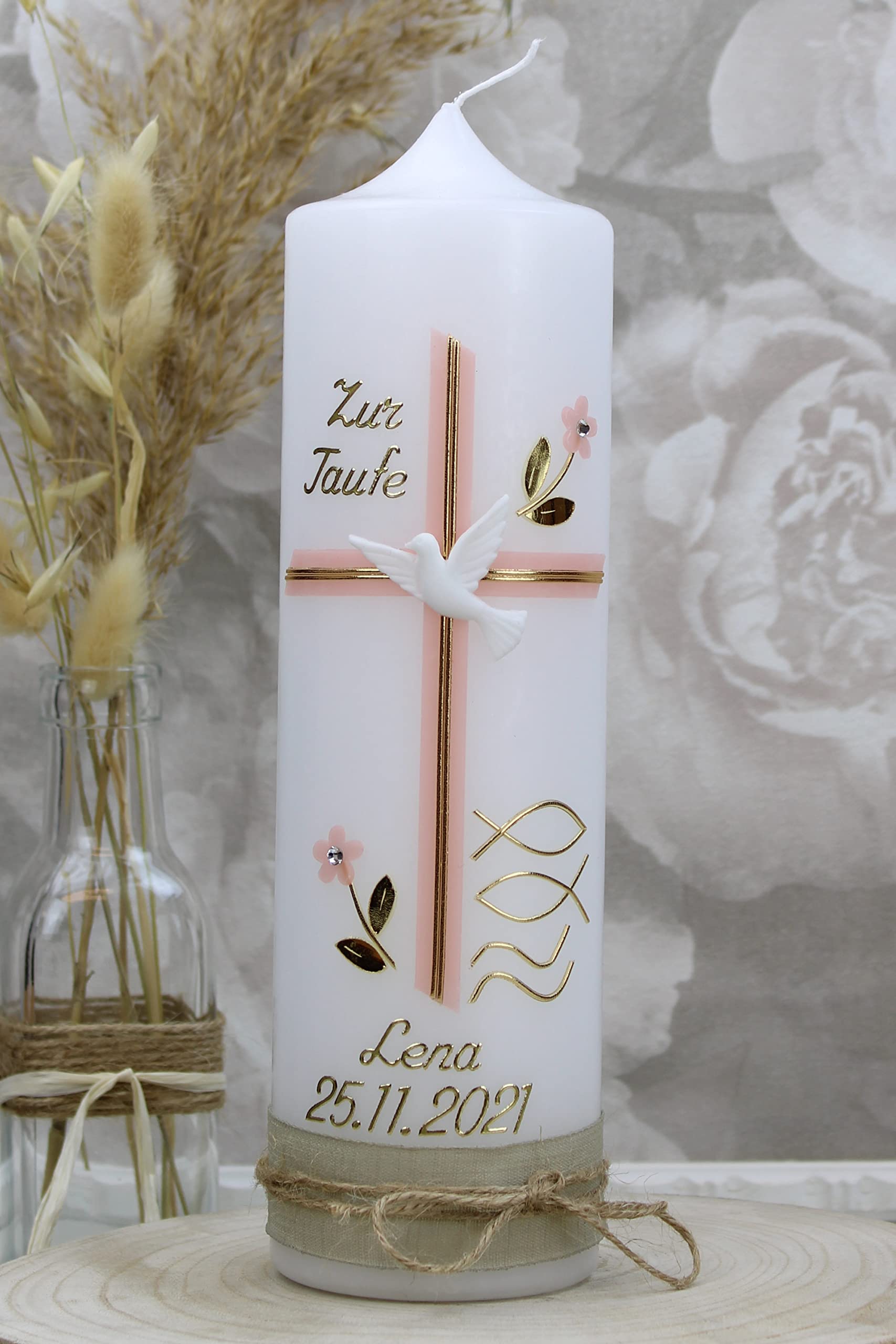 Cerziies® Taufkerze LENA Junge oder Mädchen mit Name und Datum, individuell und handverziert 1285