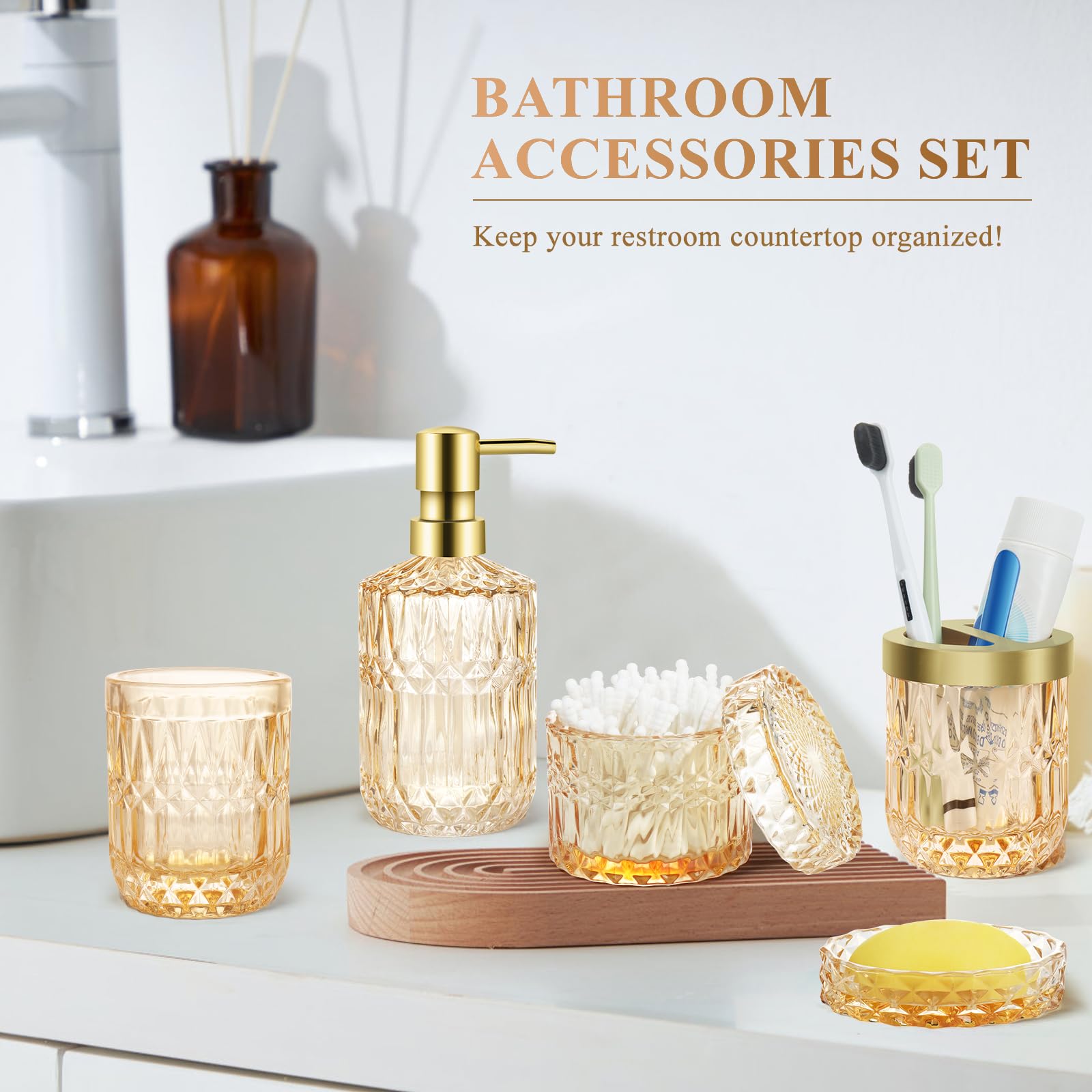 Set di 5 accessori da bagno in vetro dorato, set di accessori per il bagno, dispenser per lozioni, portasapone, porta spazzolini, bicchieri, bastoncini di cotone, set decorativo per bagno moderno,
