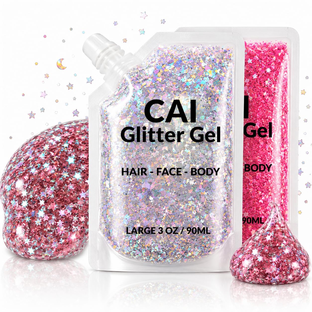 Body Glitter Gel- Face, Body & Hair (2 PK Silver/Pink) Chunky Iridescent Holograph Stars & Moon, 6 oz | Cosmetic-Grade Makeup, Apply Without Glue, Easy to Take Off & Keep Skin Clean - for Raves