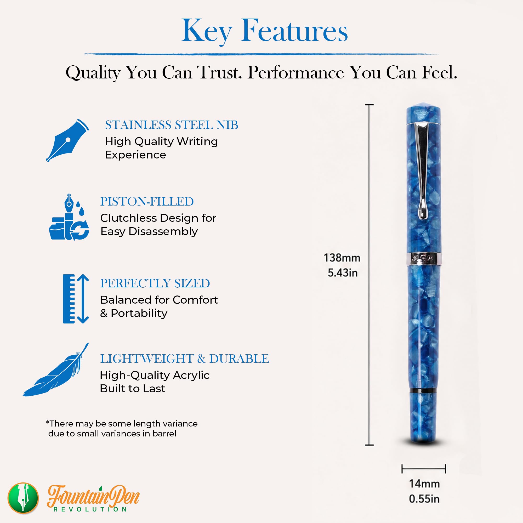 Jaipur V2 – Stylo-plume rechargeable ultra flexible avec pointe en acier inoxydable – Corps en acrylique et alimentation en ébonite – Stylos plume pour journal et calligraphie – Bleu