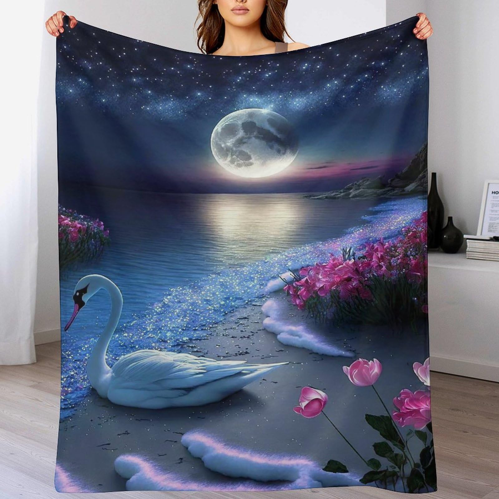 Couverture polaire cygne en flannel épaisse pour lit et canapé douce et chaude 100x130cm