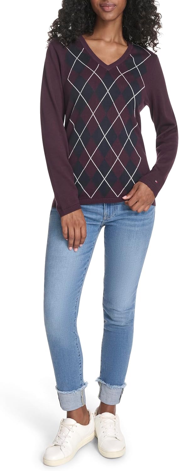 Tommy Hilfiger Womens Long Sleeve Cotton Argyle V-Neck Sweater - Image 2