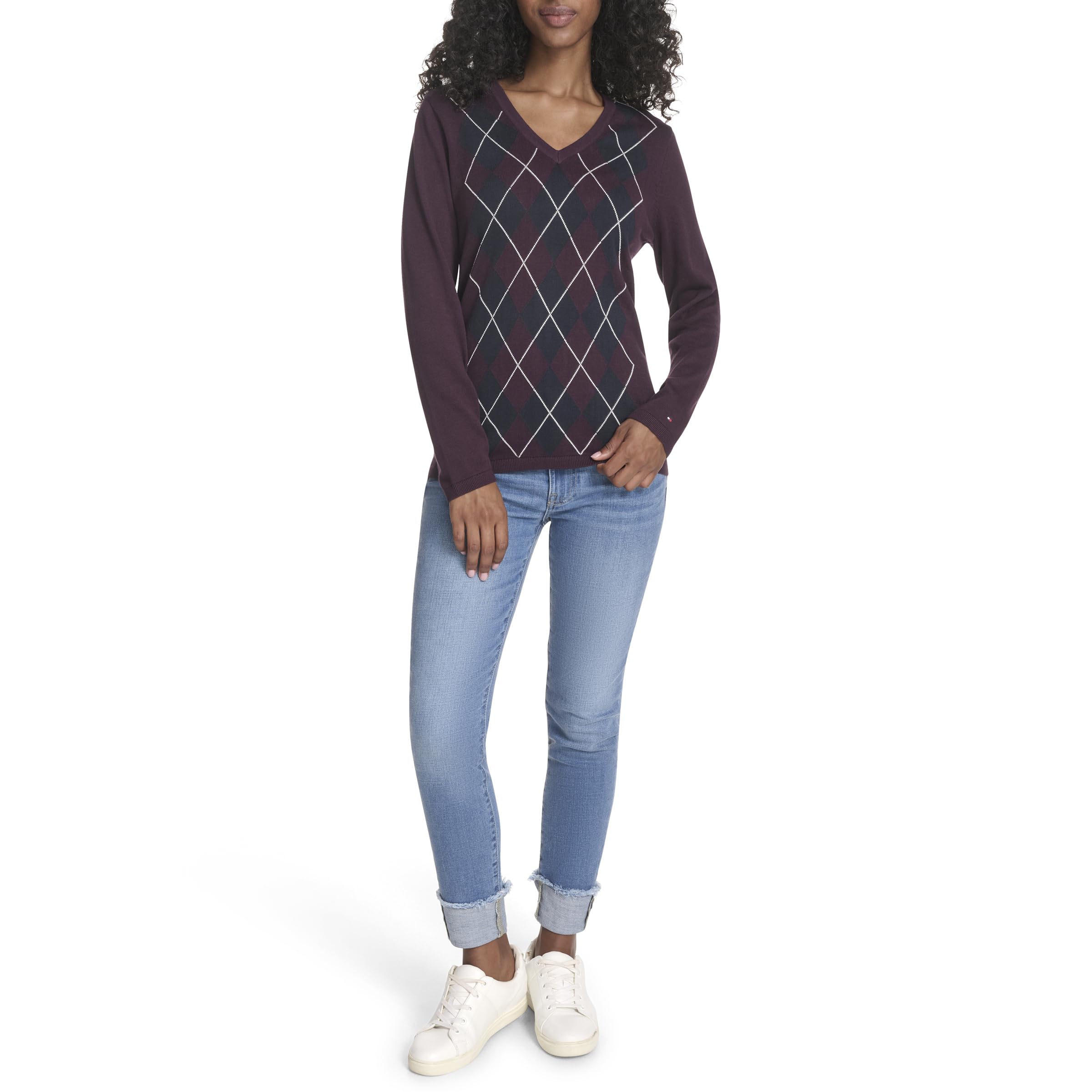 Tommy Hilfiger Damen Long Sleeve Cotton Argyle V-Neck Sweater Pullover (1er Pack)
