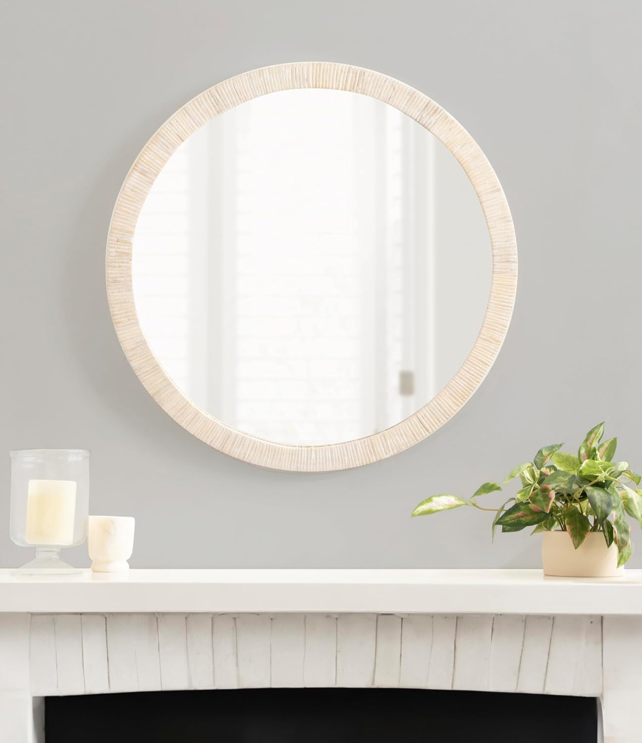 Kate and Laurel Rahfy Boho Round Rattan Mirror, 28 Inch Diameter, White, Decorative Circle Mirror with Wrapped Authentic Rattan Frame for Vanity Bathroom Mirror