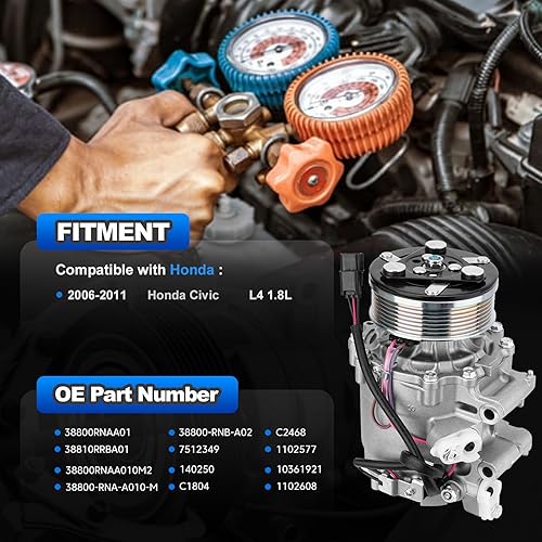 Miniatura 2 de AUTOBABA Compresor de CA compatible con Honda Civic 2006-2011 1.8L, compresor de aire acondicionado con embrague reemplazos # 38810RRBA01,