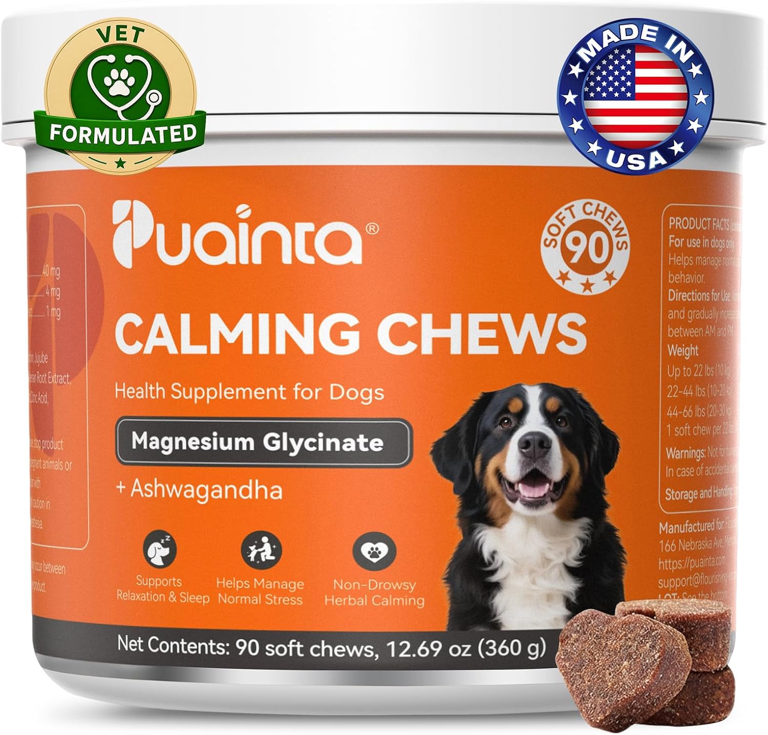 PUAINTA Dog Calming Chews – Magnesium Glycinate & Melatonin for Dogs, 4 Herbal Ingredients for Anxiety Relief, Stress & Travel Support, Chicken Flavor (90 Count)