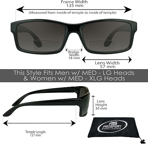 Miniatura 2 de proSPORT Gafas de sol bifocales tintadas para lectores rectangulares +1.50 gris oscuro lente humo marco negro hombres mujeres caso