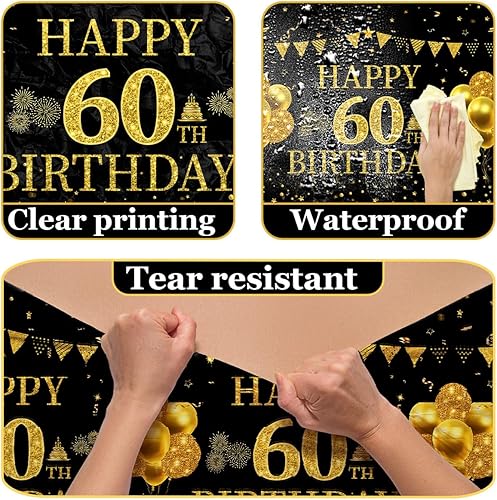 Miniatura 4 de Pymurod 3 manteles de plástico para cumpleaños de 60 años, color negro y dorado, mantel rectangular desechable para fiesta de cumpleaños de 60 años,