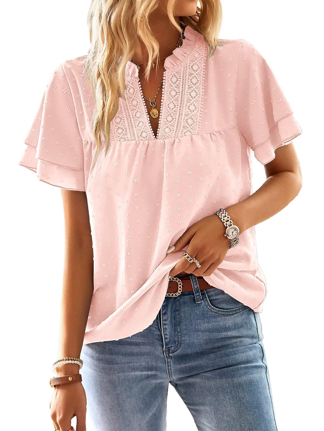 TUUHAW Top Damen Sommer Boho Bluse Kurzarm Oberteile Fließend Elegant V-Ausschnitt T Shirt Lässig Outfits Spitze Kleidung