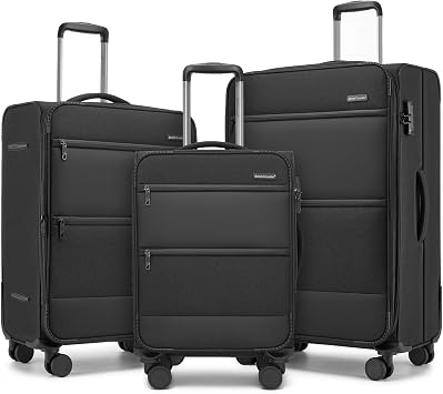 British Traveller 3PCS Softside Suitcase, Lightweight Luggage 20/24/28