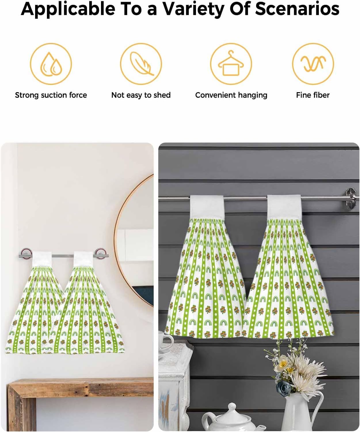 Saint Patrick's Day Kitchen Hand Towels with Hanging Loops Set of 2 Rainbow Clovers Green Striped Dots Soft Thick Oven Fingertip Dry Microfiber Tie Dish Towel Absorbent Cleaning Washcloth for Bathroom