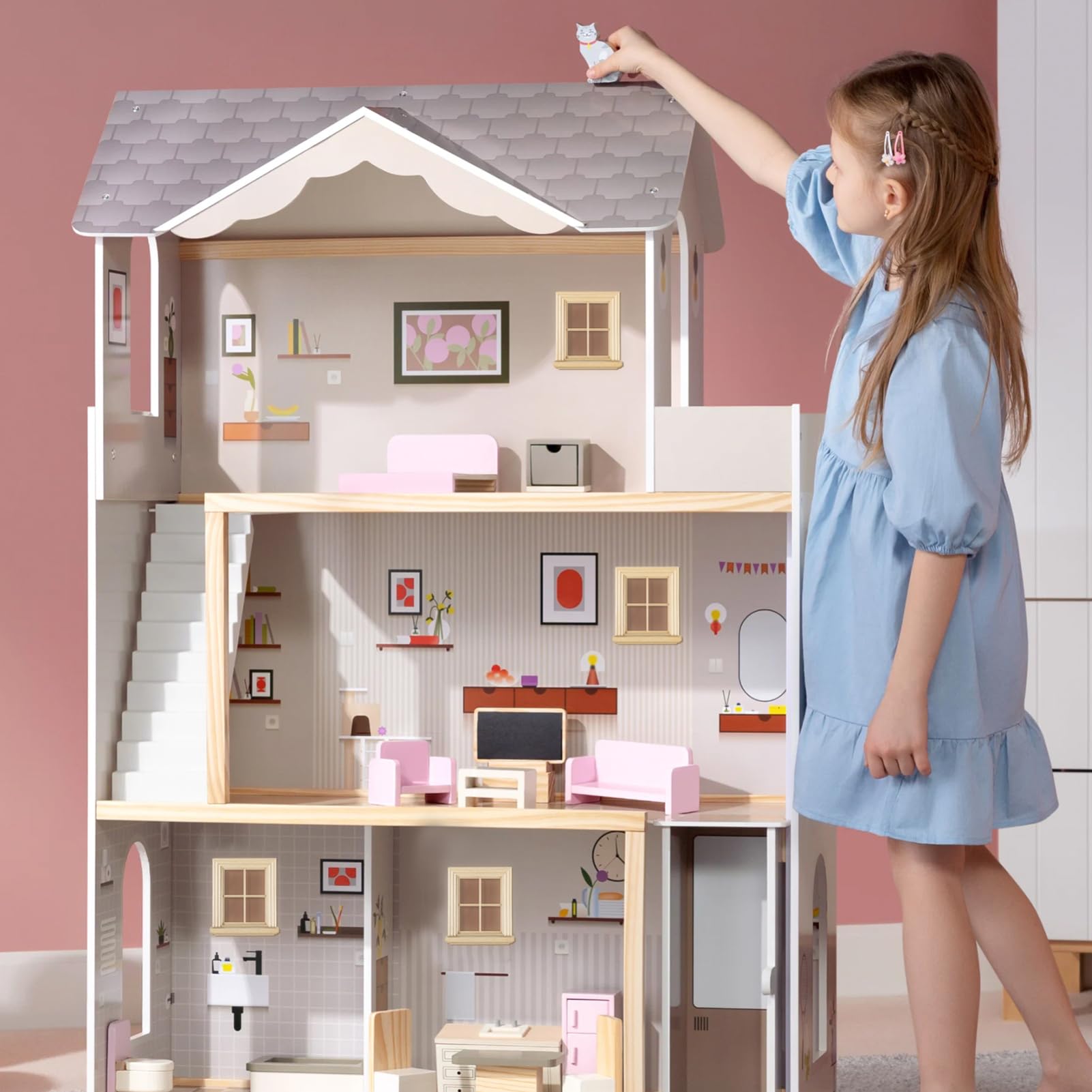 NUOBESTY 4-Grid Miniature Dollhouse Window Frames Birchwood Doll House Accessories Tiny Room Decoration, Beige, 9.8cm x 8.6cm x 2.3cm - Image 4