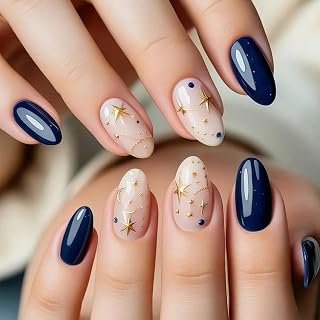 Moon Press on Nails Gold Star False Nails with Celestial Design Medium Oval Fake Nail Glossy Navy Blue Glue on Nail Polka Dots Stick on Fingernails for Women Summer Daily Wear