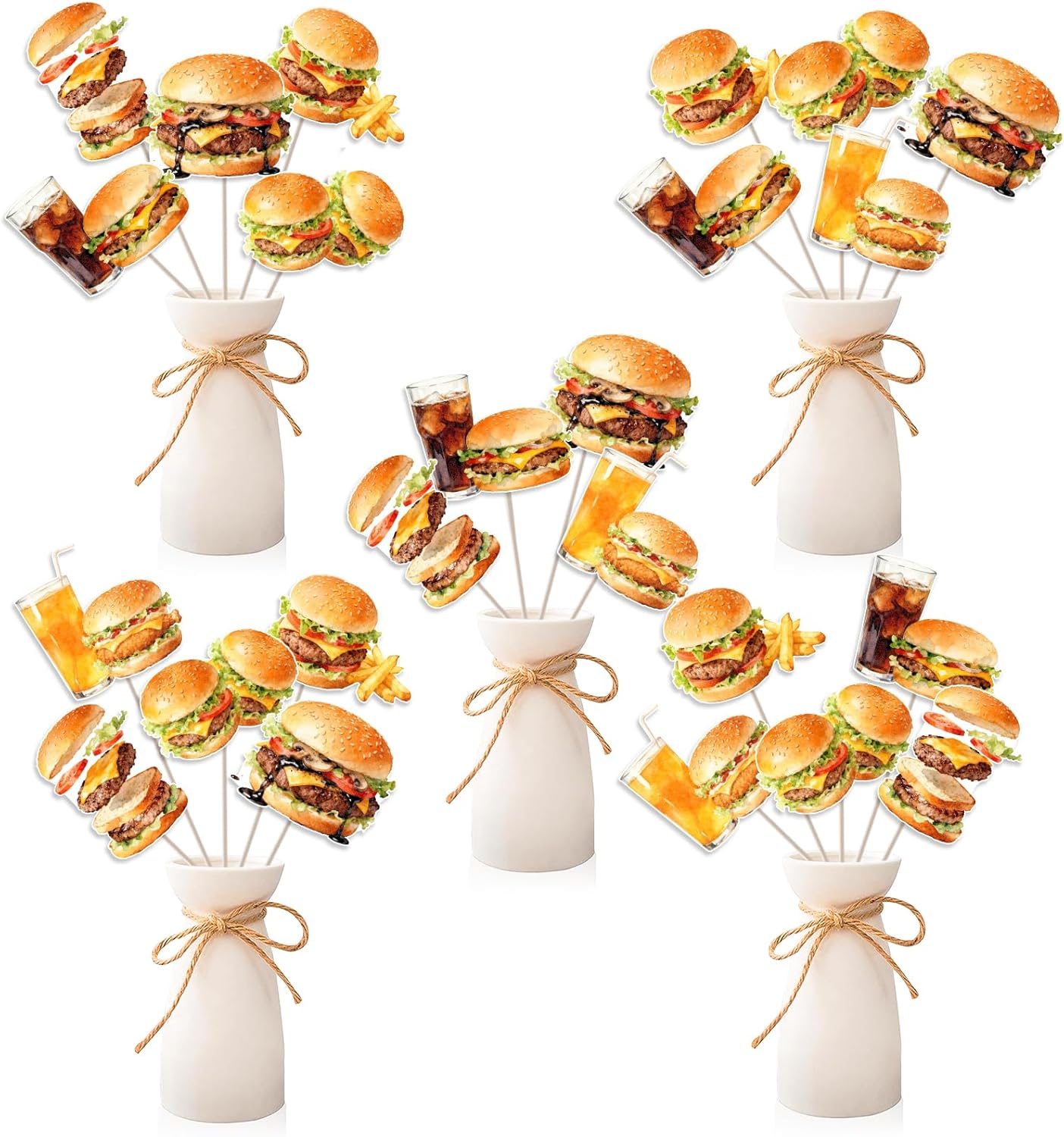 Hamburger Birthday Decoration Fast Food Party Decorations Table Centerpiece Sticks 24pcs Double-Sided Burger Junk Food Table Decors for Birthday Party Snack Bar BBQ Picnic Table Setup
