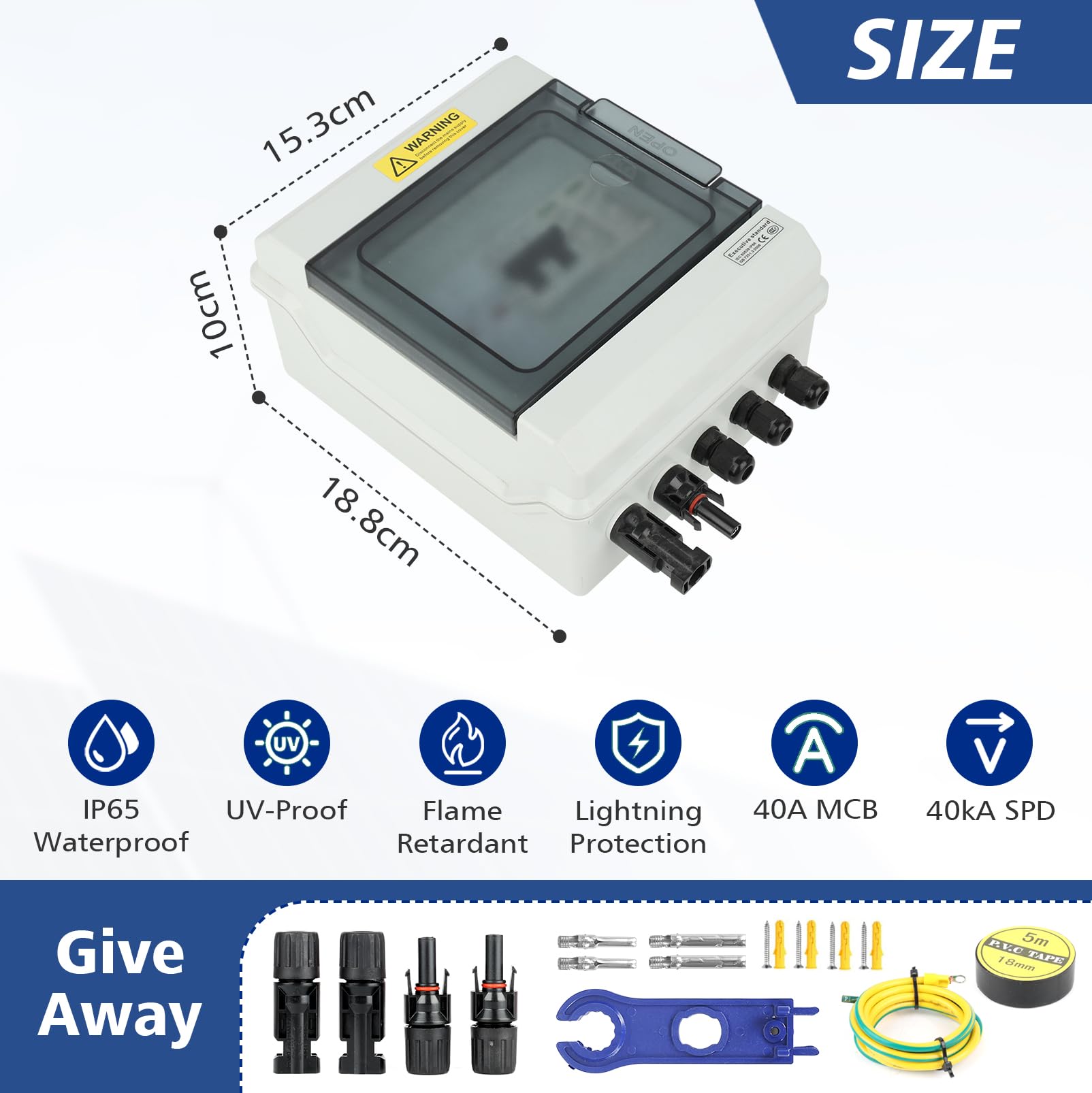 Protección Contra Sobretensiones Fotovoltaica con Fusible, 40A/1000V | Disyuntor CC, Disyuntor de Protección contra Rayos(1 In 1 Out), Caja de Conexión Solar Fotovoltaica IP65 a Prueba de Agua