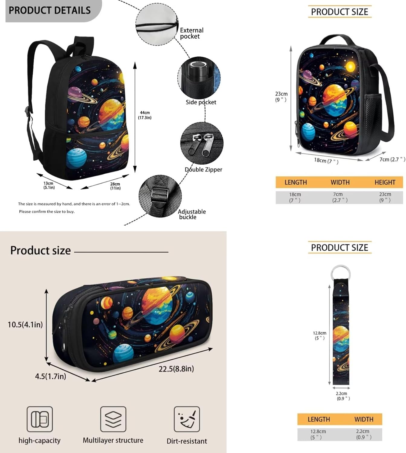 Kids Backpack Boys Backpacks with Lunch Box Men Pencil Case Organizer School Bag Keychain Wristlet Crossbody Bag Mens Sling Bag,Planet Print