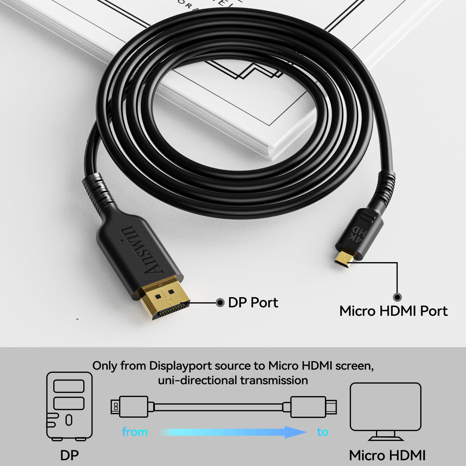 Câble DisplayPort vers micro HDMI, unidirectionnel, 4K @ 60 Hz, 2K @ 120 Hz 1,5 m DP vers micro HDMI pour Dell, ordinateur de bureau, AMD, NVIDIA vers ASUS XG17AHP, moniteur portable