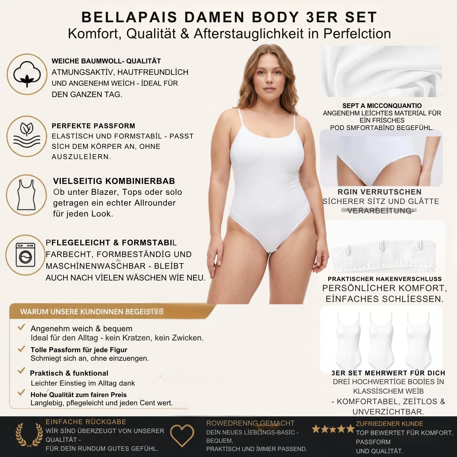 Body Damen 3er Set – Spaghetti Träger, Bodysuit für Damen, Kein Shaping, Weich, Atmungsaktiv, Bodies für Damen Schwarz, Alltag - Basic Unterwäsche