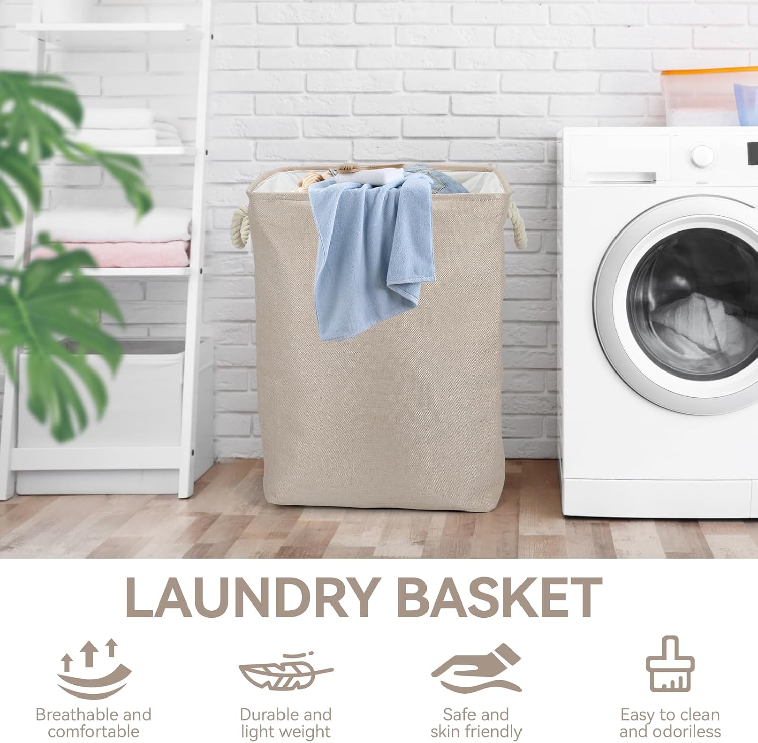 Collapsible Linen Look Fabric large Storage & Laundry Hamper with Drawstring - Durable Laundry Basket Laundry Bag Foldable Space Saving Basket Toy Basket, Dust Proof & Stackable, Beige