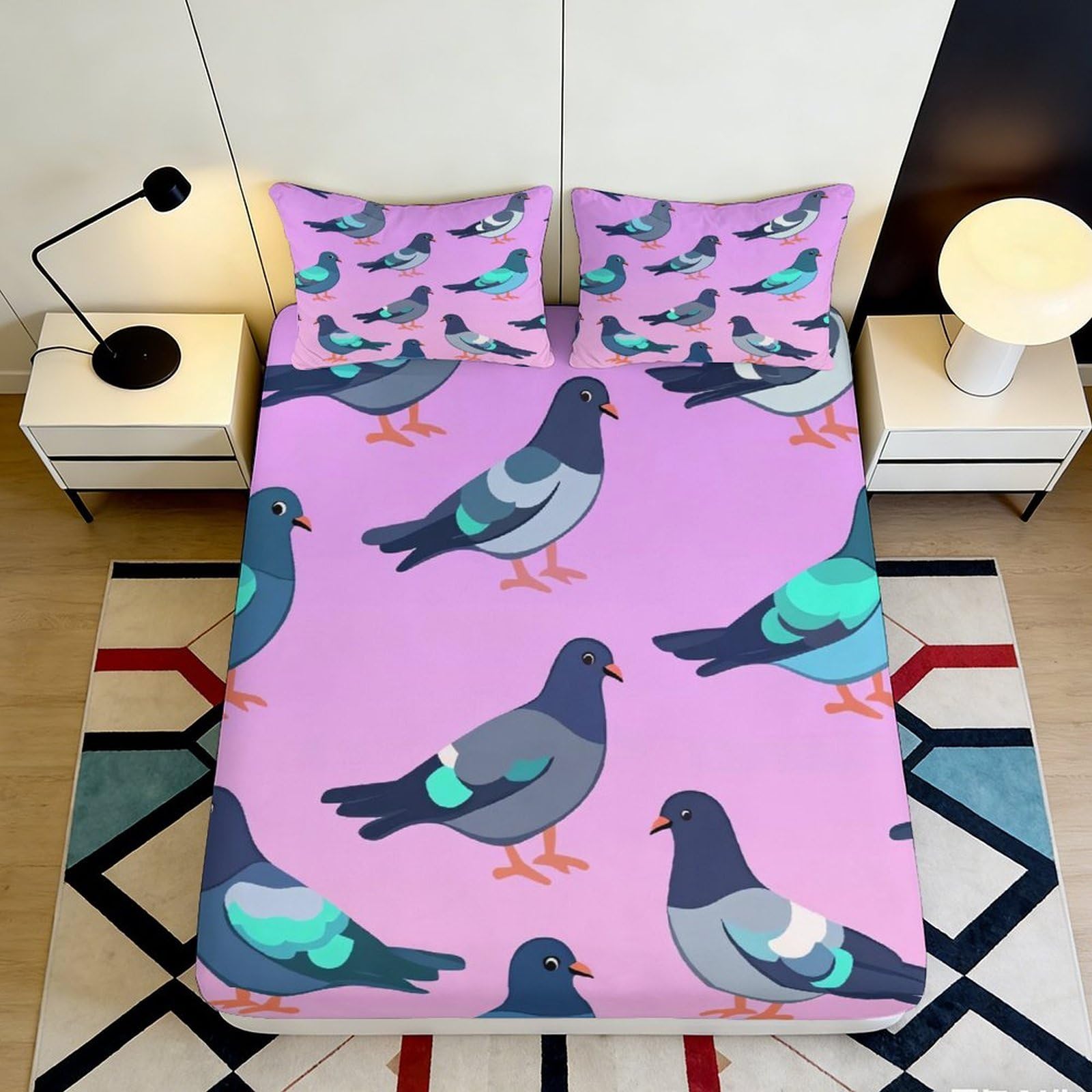 3D Printed Cartoon Pigeon Fitted Sheet Microfiber Soft Pink Bird Mattress Cover for Bedroom Dorm Home Decor 90x200x25cm