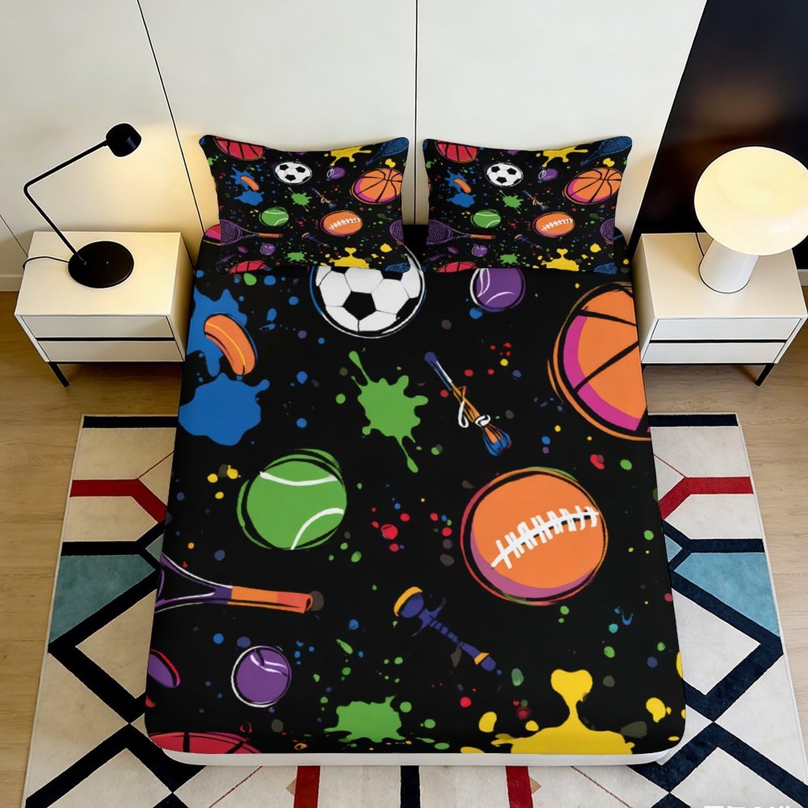 Pnayamiorkfel Style-7 3D Printed Sports Ball Fitted Sheet Microfiber Soft Black Multicolor Tennis Bed Cover For Bedroom Dorm Decor 90X200x25cm